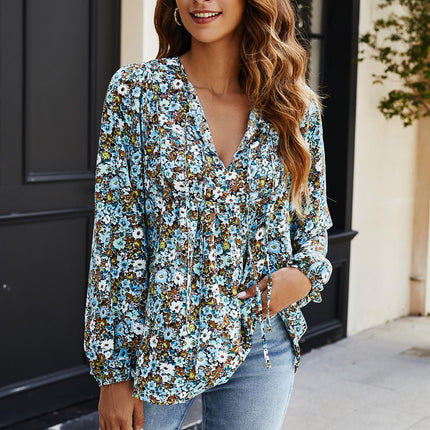 Floral Print long sleeve Blouse Top In Blue