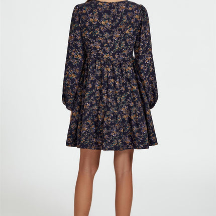 Little Floral Print V Neck Mini Dress In Navy