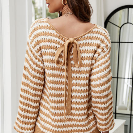 White Stripe Relaxed Knit Jumper Top In Camel