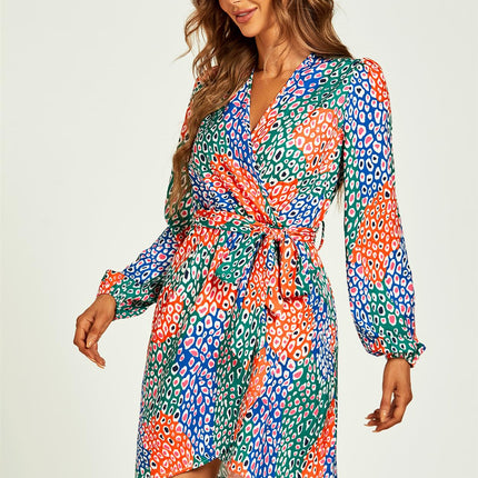 Leopard Print Wrap Mini Dress In Blue