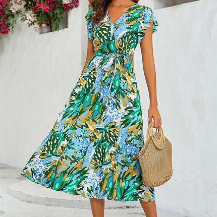 Floral Print Wrap Dress In Yellow & Green
