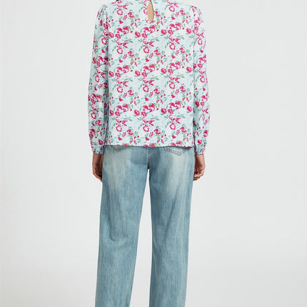 Floral Print Frill Detail High Neck Top In Blue & Pink