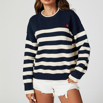 Stripe Jumper with Heart Embroidery In Navy
