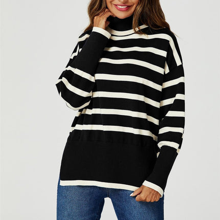 Stripes Pattern Turtleneck Jumper Top In Black