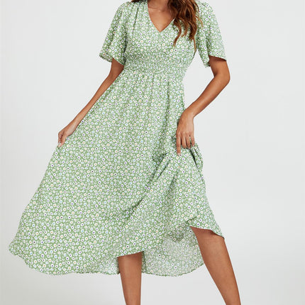 Multi Floral Print V Neck Midi Dress In Green