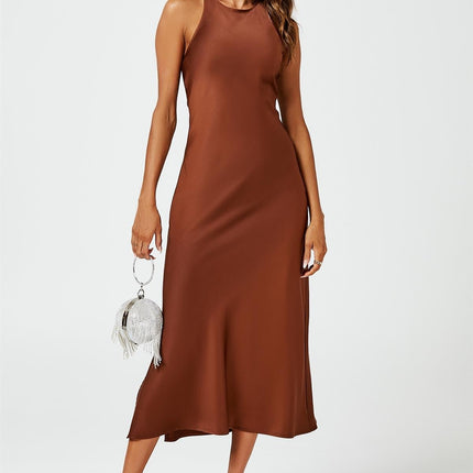 Slim-Fit Satin Midi Dress In Brown