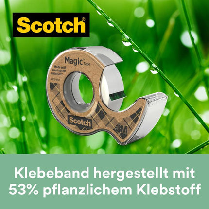 Scotch® Magic™ Klebeband, mit 66 % pflanzlichem Klebstoff hergestellt, 19 mm x 20 m, 1 Rolle + 1 Abroller aus Recyclingmaterial/Packung | Packung (1 Rolle)