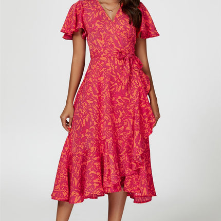 Abstract Print Midi Wrap Dress In Fuchsia