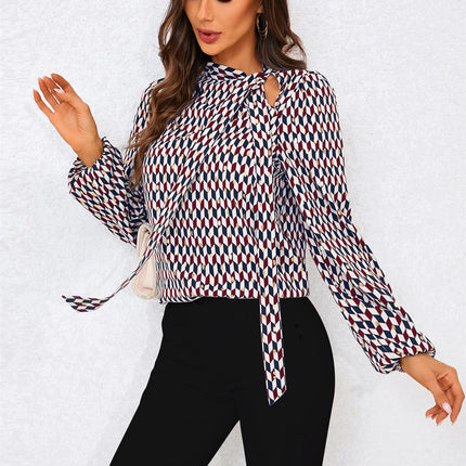 Geo Print Side Tie Blouse Top In Wine