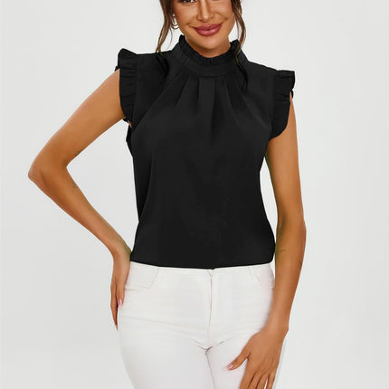 Frill Trim Sleeve High Neck Blouse Top In Black