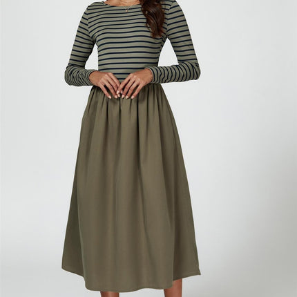 Long Sleeve Stripe Midi Dress In Olive
