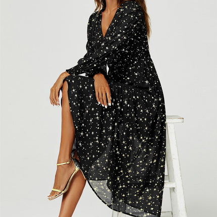 Gold Star Foil Long Sleeve Maxi Dress In Black