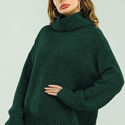Wool Blended Jumper Top With High Neck In Dark Green