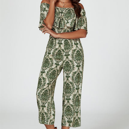 Off The Shoulder Print Frill Jumpsuit In Green