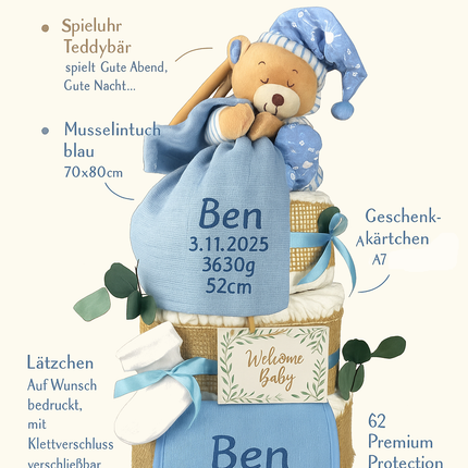Premium Windeltorte blau | Spieluhr Teddybär, Musselintuch, Lätzchen | Personalisierbar | 4-stöckig