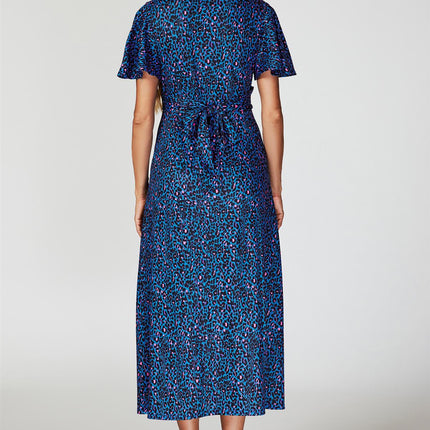 Animal Print Angel Sleeve Twist Midi Dress In Blue