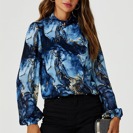 Marble Print Long Sleeve High Neck Top In Navy
