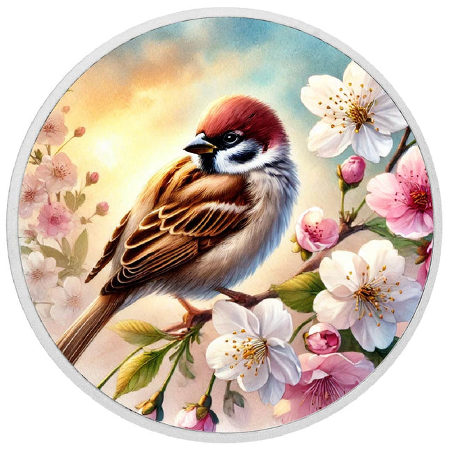 Springtime Serenity: Sparrow Among Blossoms 1oz Silver Coin