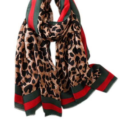 Leopard & Strip Print Fringed edges Scarf In Green & Red