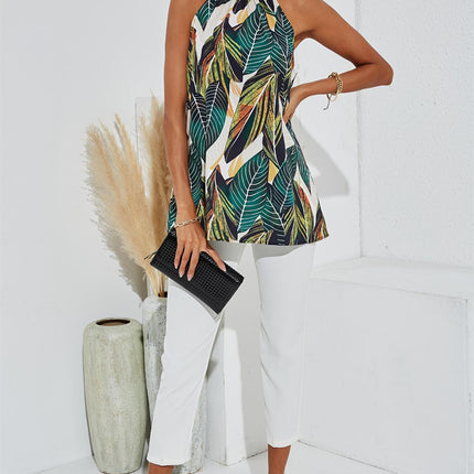 Leaf Print Halter Neck Tie Back Top In Green