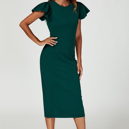 Volume Sleeve Bodycon Midi Dress In Green
