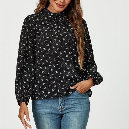 Bow Print Frill Detail High Neck Top In Black