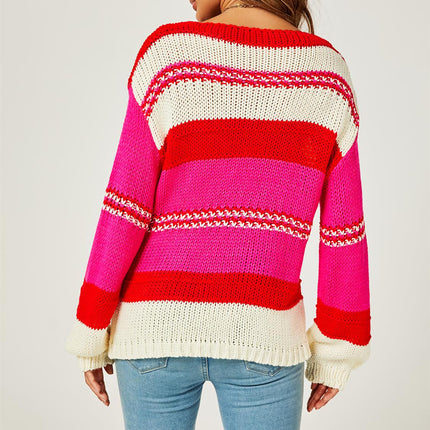 Stripe Block Colour Relaxed Knit Jumper Top In Cream & Pink