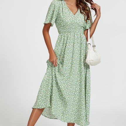 Multi Floral Print V Neck Midi Dress In Green