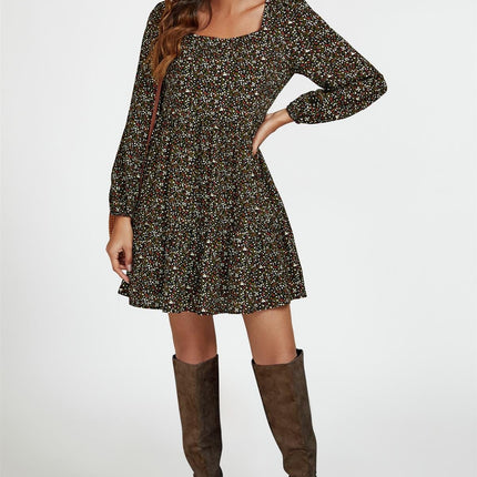 Little Floral Print Square Neck Mini Dress In Black
