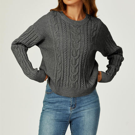 Cable Knit Crew Neck Jumper In Dark Grey