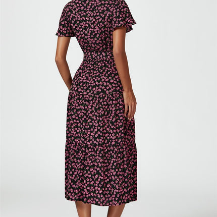 Pink Floral Print Wrap Midi Dress In Black