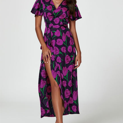 Floral Print Satin Wrap Maxi Dress In Magenta