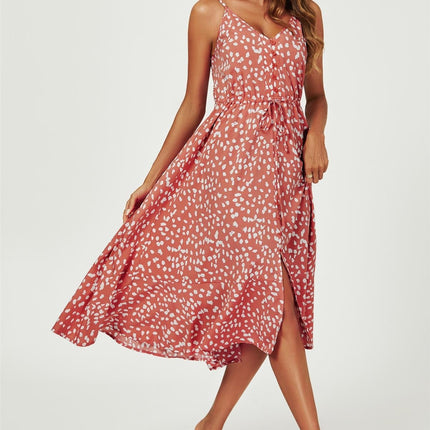 Button Down High Low Strappy Dress In Dusty Red