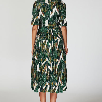 Leaf Print Mesh Midi Dress In Green
