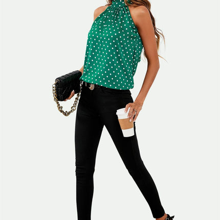 Polka Dot Print Halter Neck Tie Back Top In Green