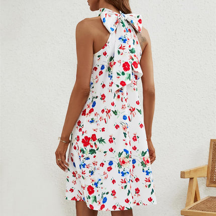 Floral Print Halter Neck Tie Back Mini Dress In White