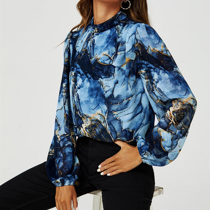 Marble Print Long Sleeve High Neck Top In Navy