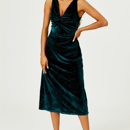 Silver Sparkly Velvet Knot Front Midi Dress In Green