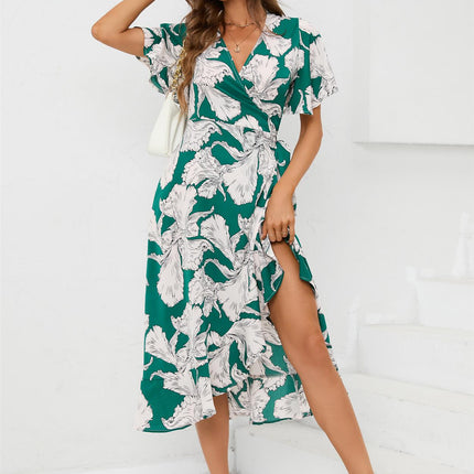 Angel Sleeve Wrap Midi Dress In Green