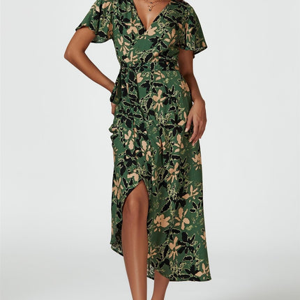 Abstract Floral Wrap Maxi Dress In Olive