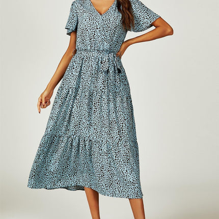 Leopard Print Hem Tiered Wrap Midi Dress In Blue