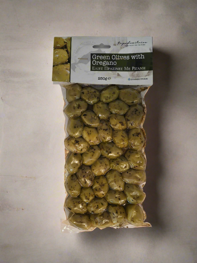 Oliven der Sorte Grün mit Oregano im Vakuum - 250g