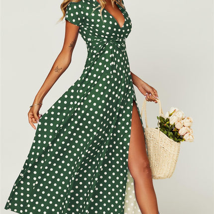 Polka Dot Print High Waist Wrap Dress In Green