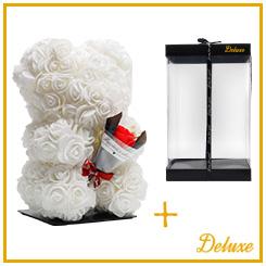 Bär DELUXE auf Ständer 25 cm – Weißer Schaumstoffbär mit Blumenstrauß – Elegantes Wohnaccessoire – Luxuriöse Geschenkverpackung (Plant) kaufen bei Linkreich – Jetzt entdecken!