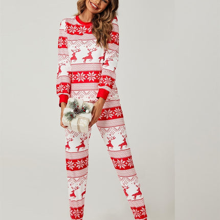 Christmas Long Sleeve SweatShirt Top & Trousers Co Ord Pyjama Sets In White & Red Snow Reindeer
