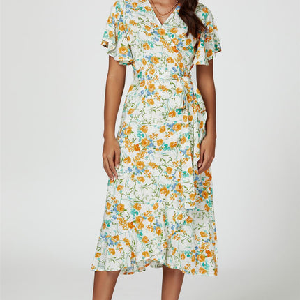 Floral Print Angel Sleeve Wrap Midi Dress In Yellow