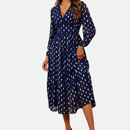 Lace Trim Foil Long Sleeve Maxi Dress In Navy