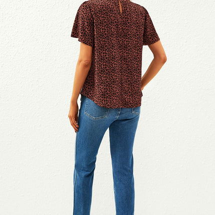 Leopard Print Angel Sleeve High Neck Top/Blouse In Rusty