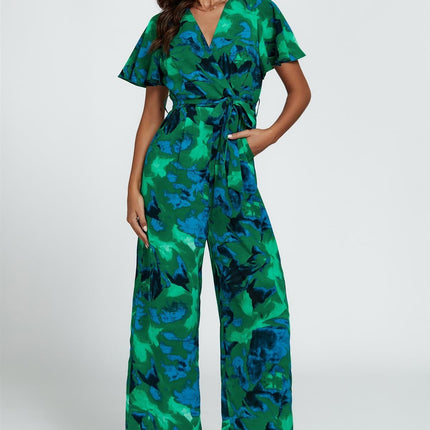 Abstract Print Wrap Top Jumpsuit In Green