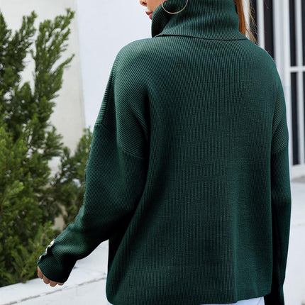 Button Detail On Sleeve Jumper Top With High Neck In Forest Green